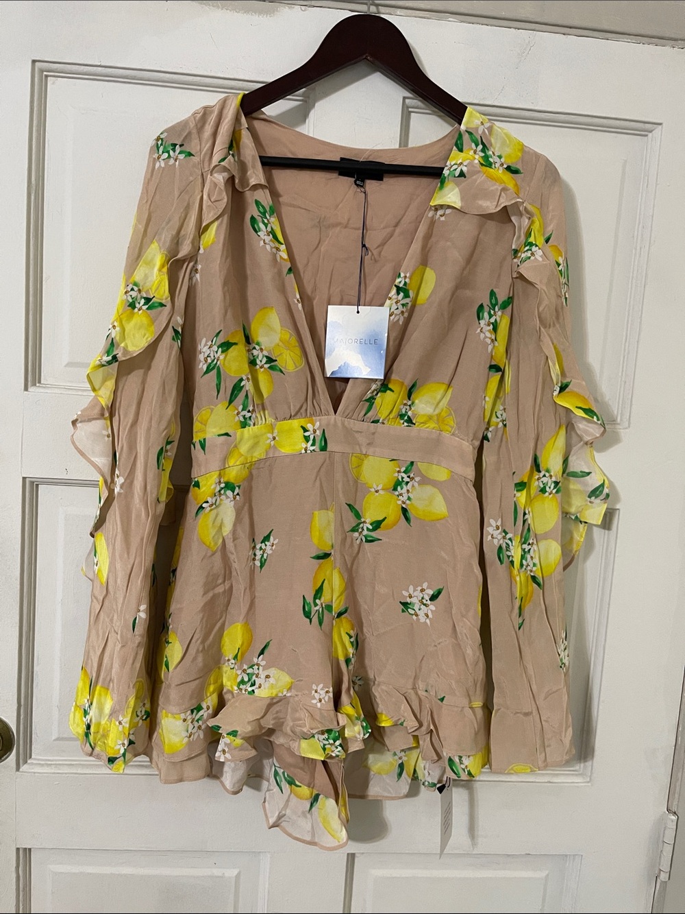 MAJORELLE Beige Lemon-Print Ruffle Romper